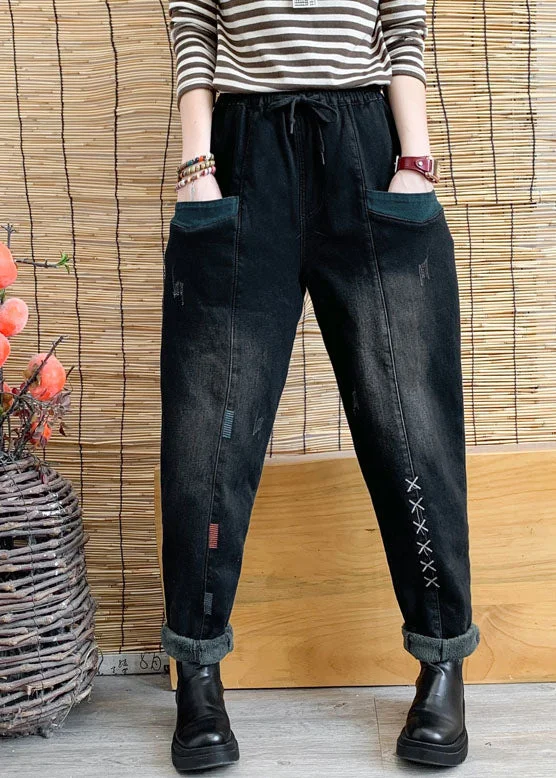 Chic Black Cinched Pockets denim harem pants Winter