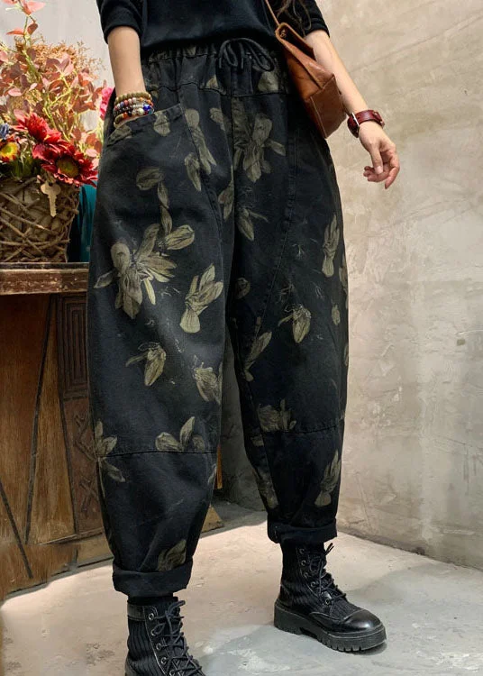 Classy Black Cinched Print denim harem Pants Winter