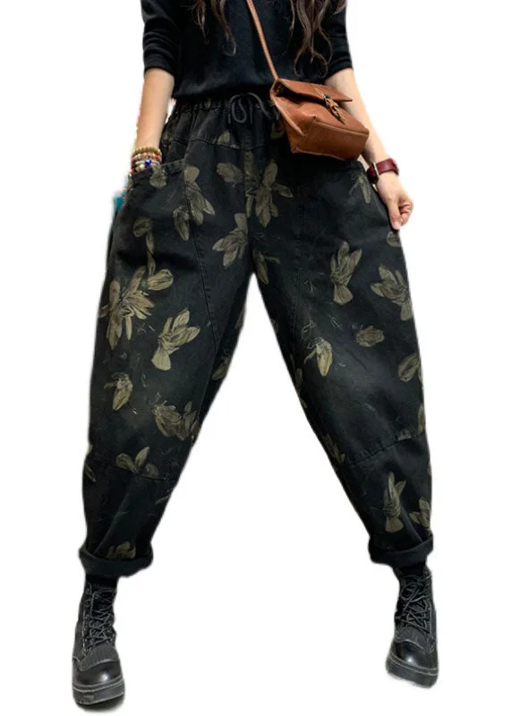 Classy Black Cinched Print denim harem Pants Winter