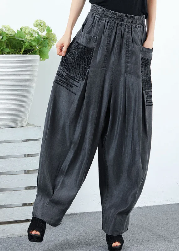 Classy Black Grey Pockets wrinkled denim Pants Spring