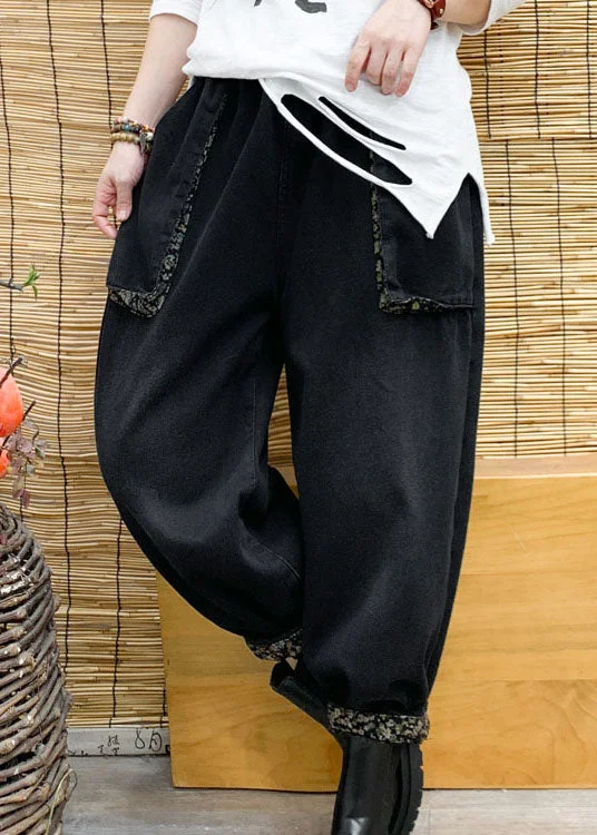 Classy Black Pockets Loose denim Pants Winter