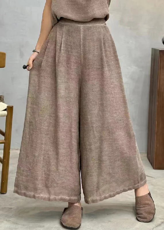 Coffee Solid Linen Summer Wide Leg Pants High Waist