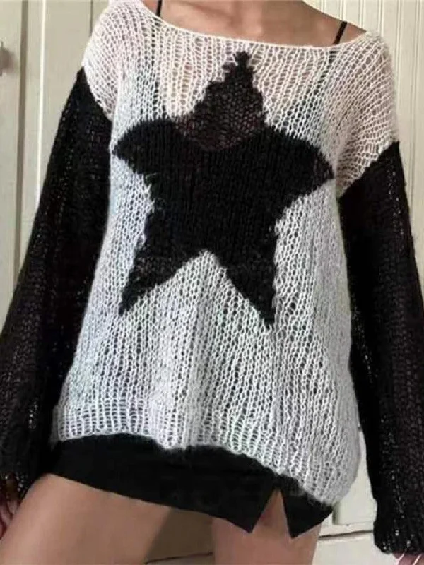 Contrast Color Star Baggy Smock Sweater