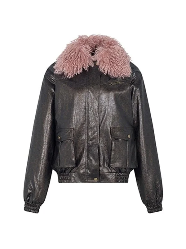 Detachable Plush Collar Leather Jacket