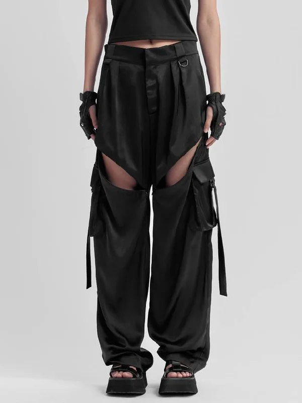 Zipslit Satin Cargo Wide Pants Black