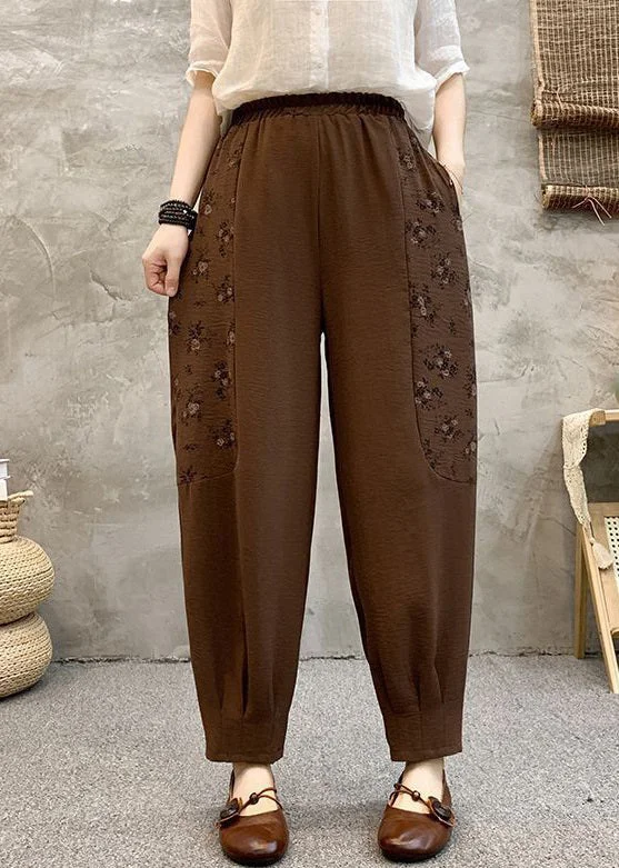 Loose Coffee Pockets Elastic Waist Cotton Crop Pants Summer