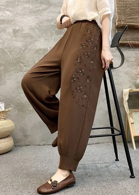 Loose Coffee Pockets Elastic Waist Cotton Crop Pants Summer