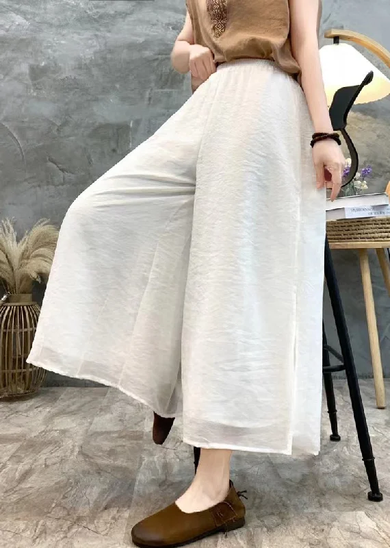 Loose White Side Open Elastic Waist Linen Crop Pants Summer