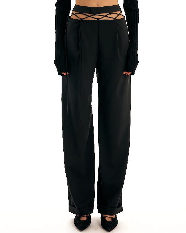 Tailored Trousers With Laced Waistband (Black)