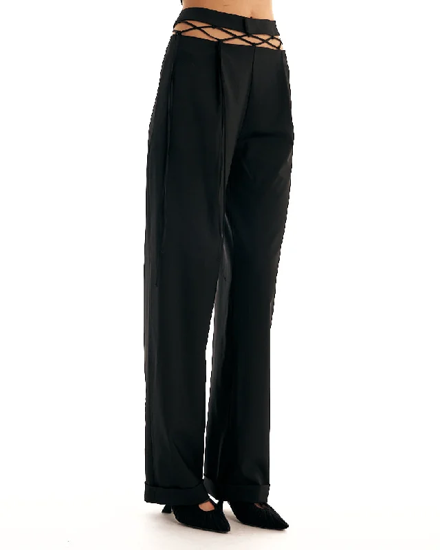 Tailored Trousers With Laced Waistband (Black)