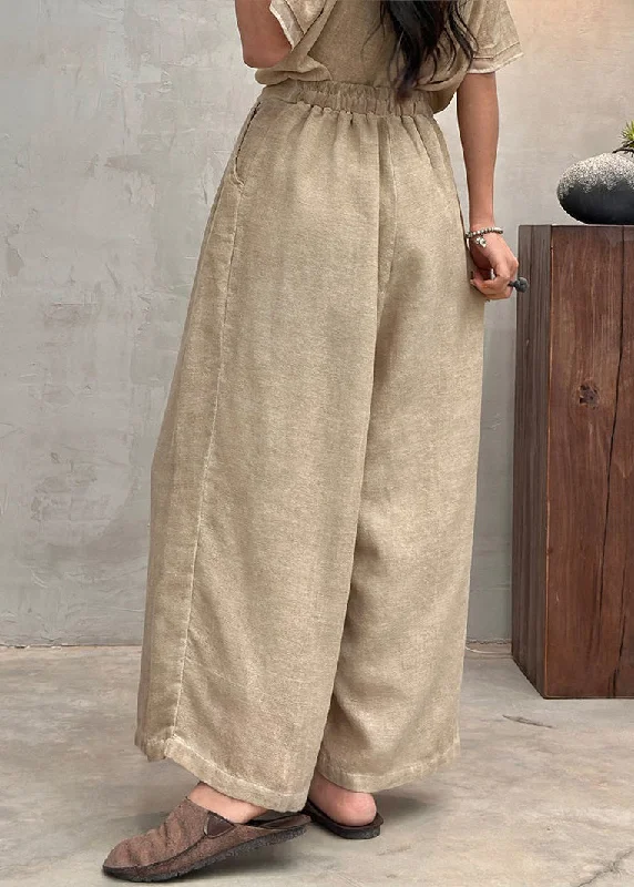 New Light Grey Pockets Elastic Waist Cotton Crop Pants Summer