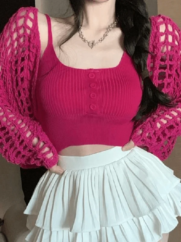 Open Front Hollow Out Crochet Knit Crop Top