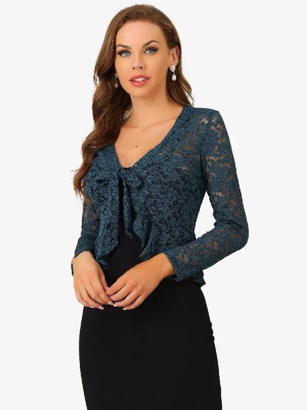 Floral Lace Shrug Tie Front Ruffled Hem Sheer Crop Bolero