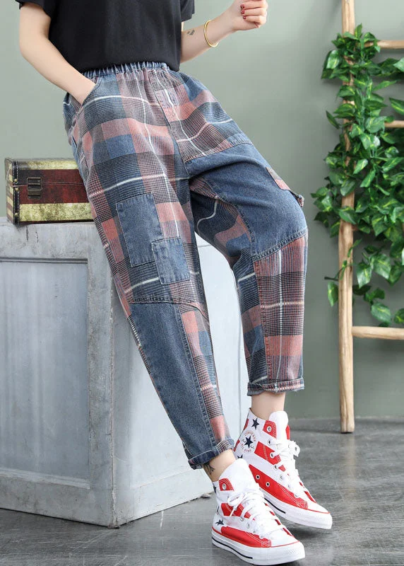 Plus Size Blue Plaid Patchwork denim Pants Spring