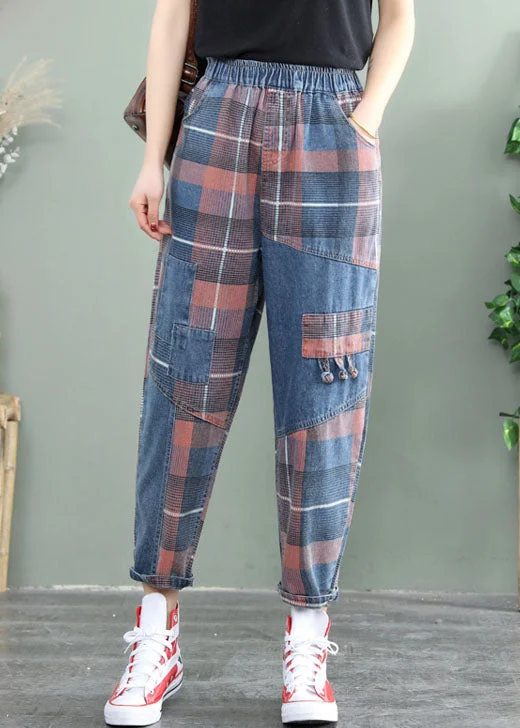 Plus Size Blue Plaid Patchwork denim Pants Spring