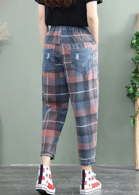 Plus Size Blue Plaid Patchwork denim Pants Spring