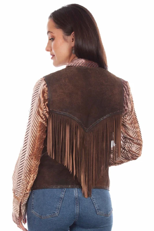 Scully Womens Pickstitch Fringe Chocolate Leather Leather Vest