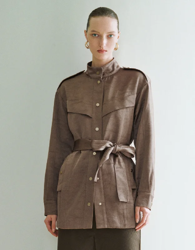 Stand Collar Straight Jacket With Belt