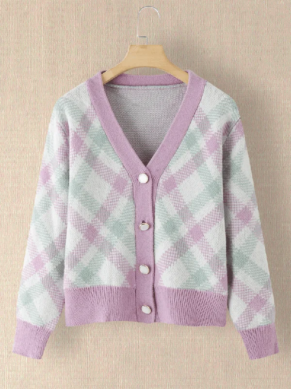 Women Plaid V-Neck Knitted Elastic Cuff Color Block Cardigan