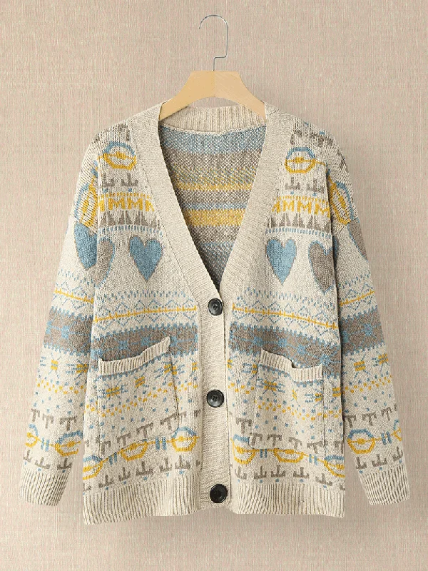 Women Vintage Full Printing Pattern Long Sleeve Cardigan with Pocket