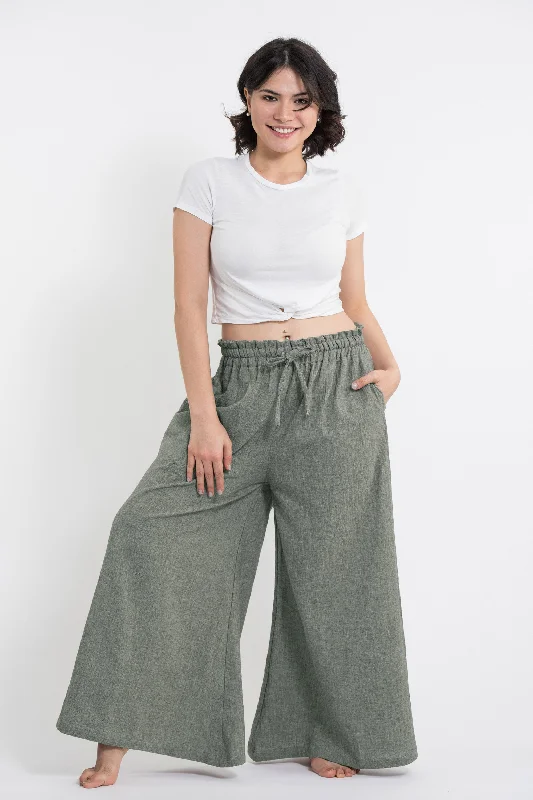 Women's Linen Cotton Blend Palazzo Pants in Olive Green