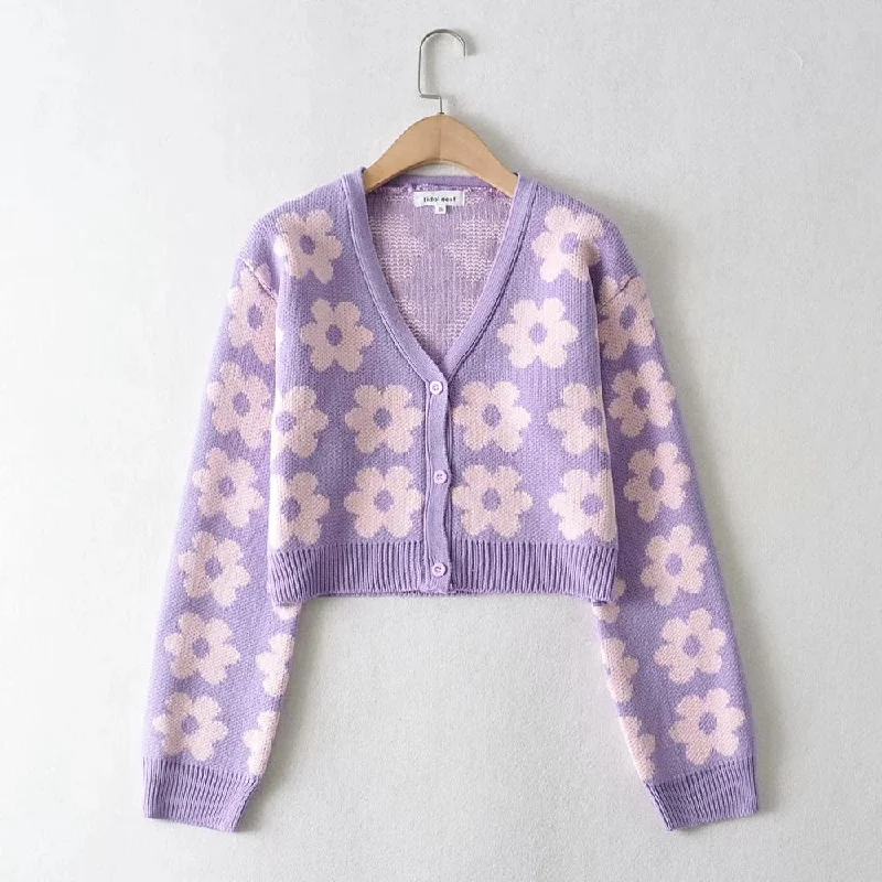 Single-breasted FLoral V-neck Knitting Sweater Cardigan