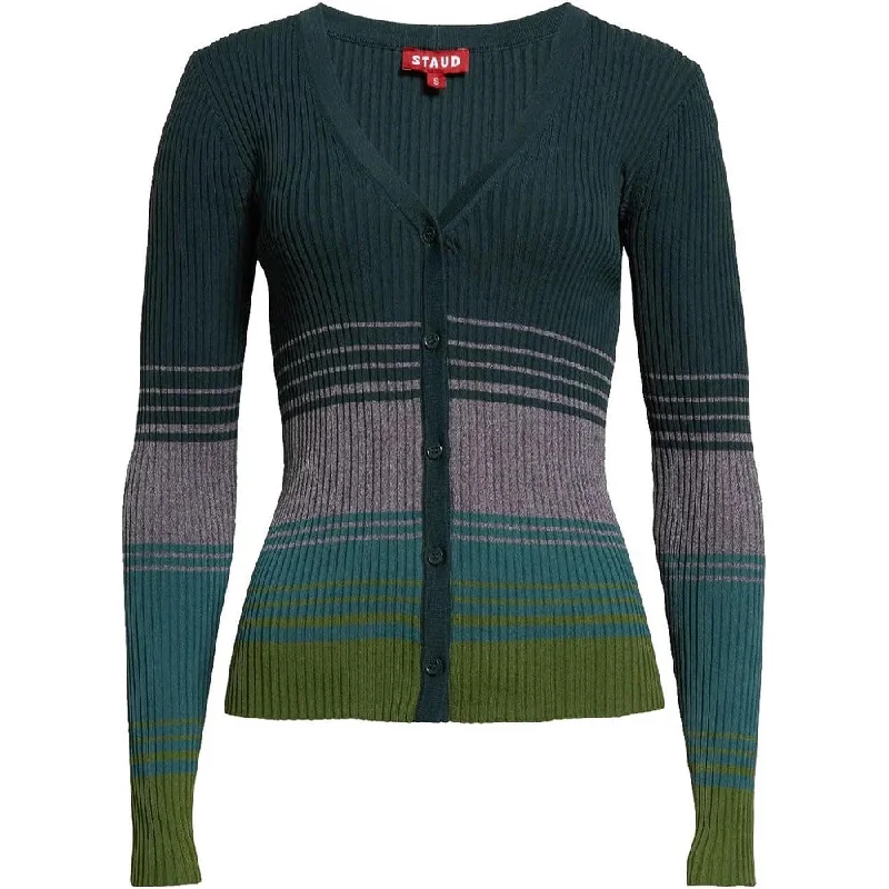 STAUD Women Cargo Color Block Ribbed Knit Cardigan Sweater Pine Forest