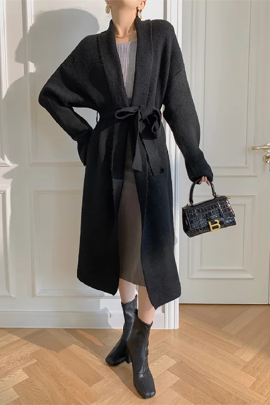 Black Long Knitted Sweater Cardigan with Belt