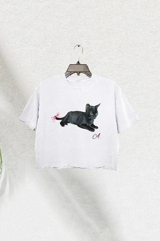 Cat With Bow Preppy Crop Tee For Women