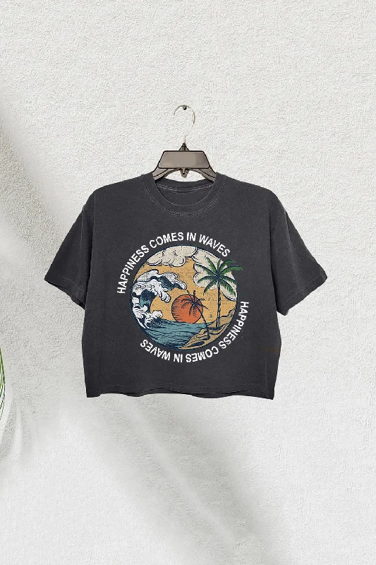 Happiness Comes in Waves Summer Graphic Crop Tee For Women