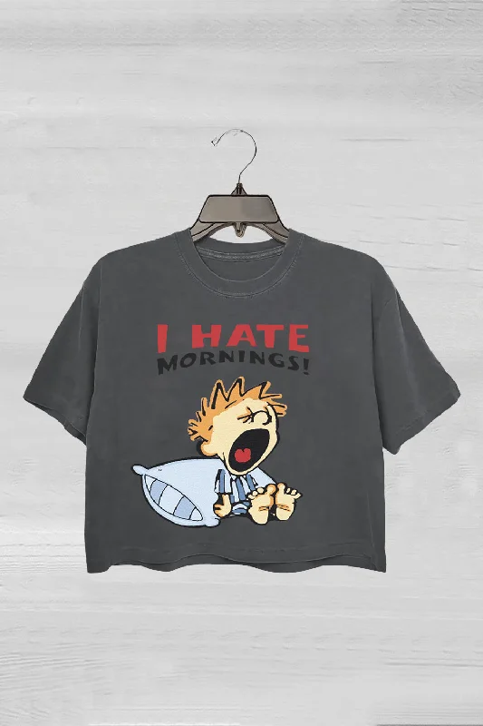 Vintage I Hate Mornings Cartoon Crop Tee For Women