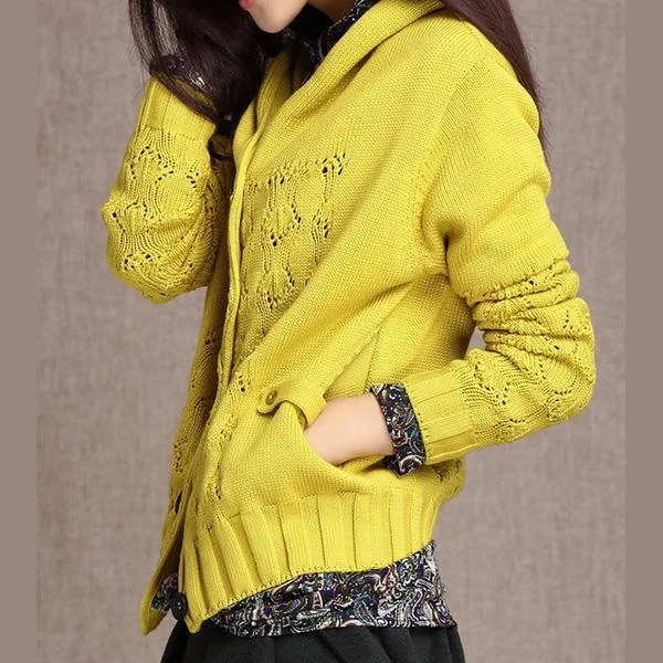 Yellow hooded knitted cardigan coat