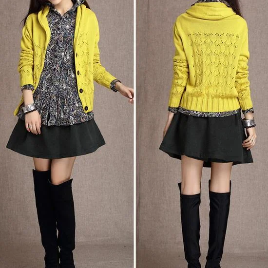 Yellow hooded knitted cardigan coat