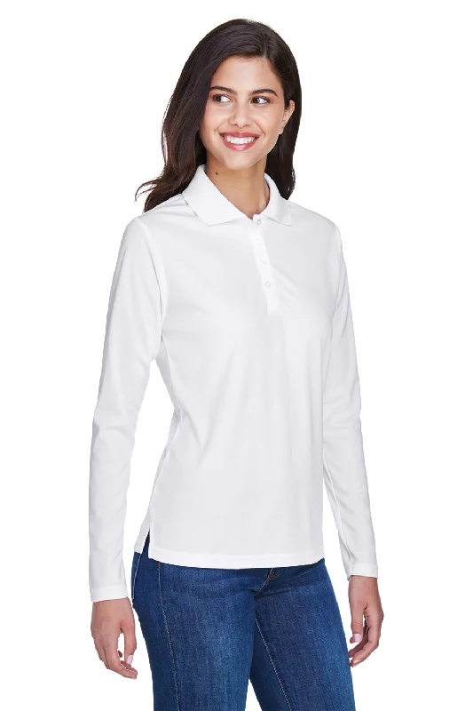 Core 365 Womens Pinnacle Performance Moisture Wicking Long Sleeve Polo Shirt - White