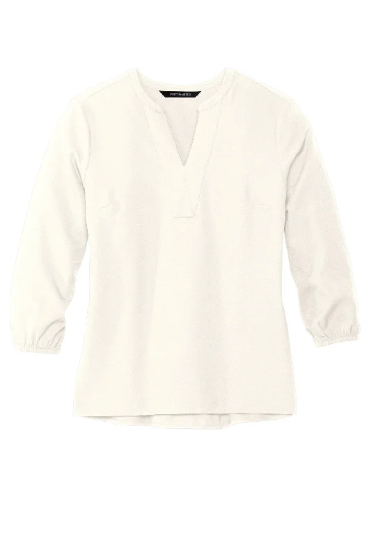 Mercer+Mettle Womens Stretch Crepe 3/4 Sleeve Polo Shirt - Ivory Chiffon White