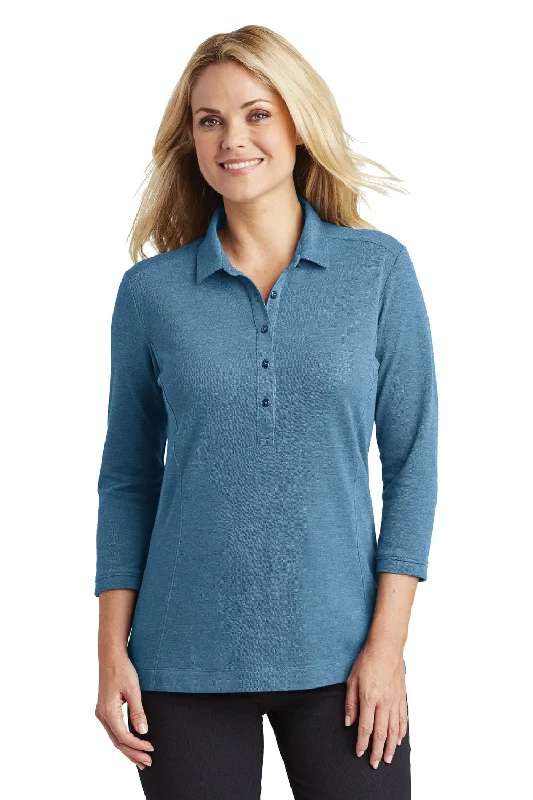 Port Authority Womens Coastal Moisture Wicking 3/4 Sleeve Polo Shirt - River Navy Blue/Carolina Blue - Closeout