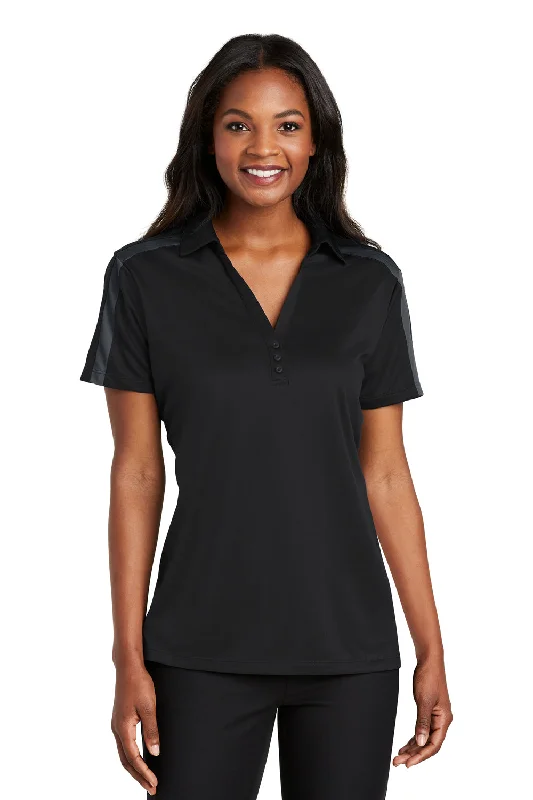 Port Authority Womens Silk Touch Performance Moisture Wicking Short Sleeve Polo Shirt - Black/Steel Grey