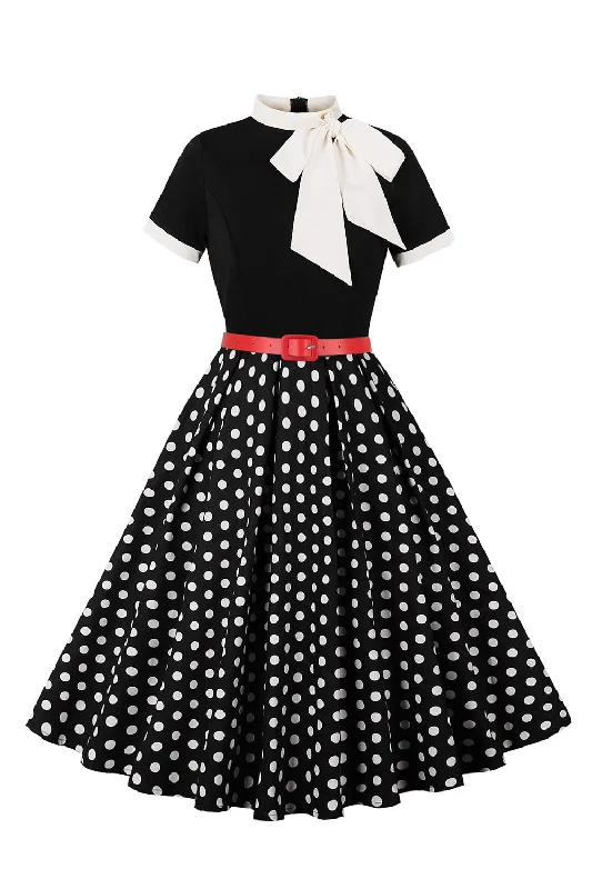 Dresses with Sequined Geometric Shapes and Lace and Chiffon Blend and Ruffled Sleeves for Ladies' Modern and Dramatic LookA Line Black Polka Dots Short Sleeves 1950s Dress with Belt