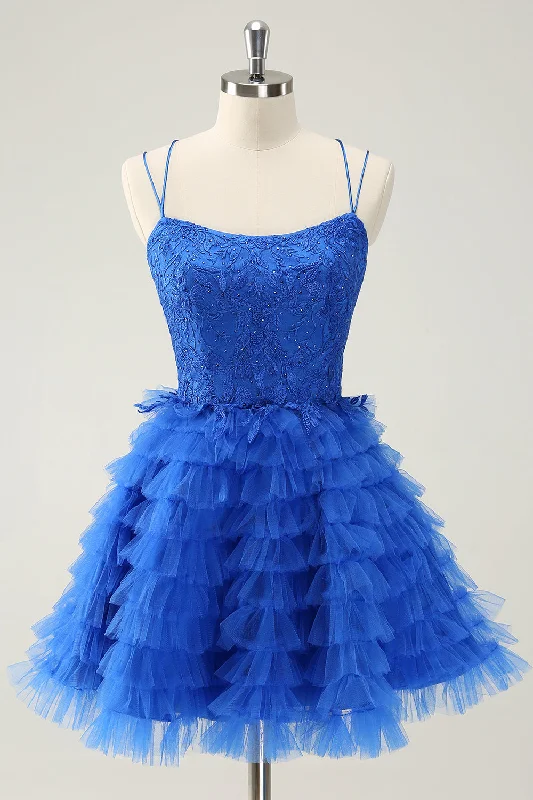 Dresses with Pleated Skirts and Lace Overlay for Ladies' Feminine and Timeless LookBlue A Line Spaghetti Straps Tulle Cute Homecoming Dress with Ruffles