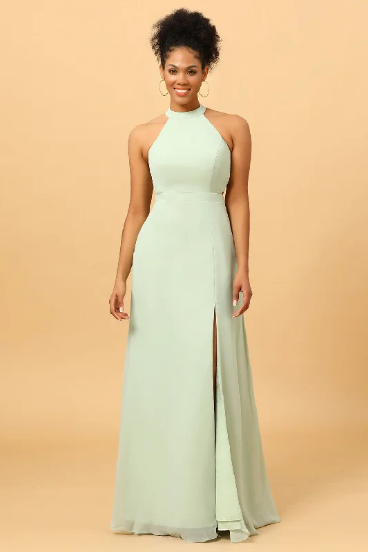 "Sleeveless dresses for women during hot summer days"A Line Halter Dusty Sage Long Bridesmaid Dress with Open Back "Sleeveless dresses for women during hot summer days"A Line Halter Dusty Sage Long Bridesmaid Dress with Open Back