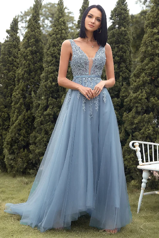 Empire Waist Polyester Dresses for Ladies with Satin RibbonA-line Long Blue Prom Dress with Appliques