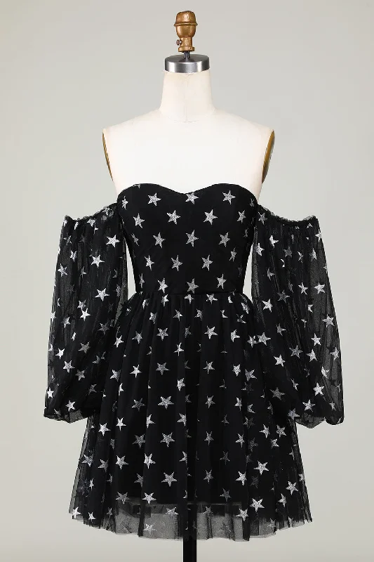 "Seasonal Sale: Save Big on Women's Dresses for Every Occasion"A Line Off the Shoulder Black Stars Short Homecoming Dress