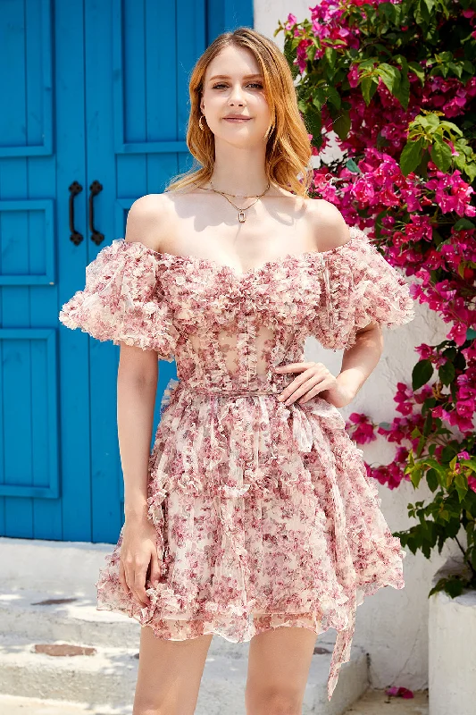 "Bodycon dresses for women to show off curves"A Line Off the Shoulder Ivory Red Flower Printed Cute Homecoming Dress "Bodycon dresses for women to show off curves"A Line Off the Shoulder Ivory Red Flower Printed Cute Homecoming Dress