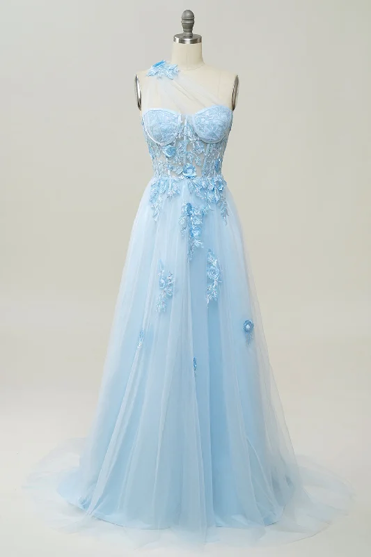 "Trendy casual dresses for women to wear at the beach"A Line One Shoulder Sky Blue Long Prom Dress with Appliques "Trendy casual dresses for women to wear at the beach"A Line One Shoulder Sky Blue Long Prom Dress with Appliques