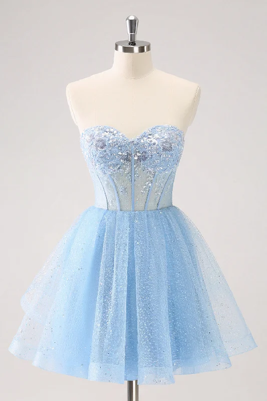 Dresses with Ruffled Hem and Bow at the Waist for Ladies' Sweet and Feminine LookSky Blue A Line Sweetheat Corset Tulle Homecoming Dress with Sequins