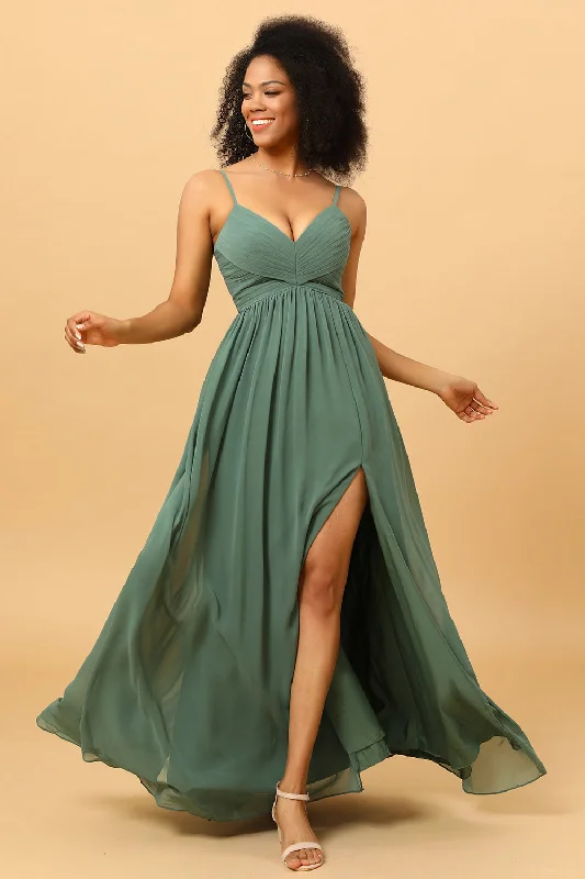 "Mermaid - style wedding dresses for women for a dramatic look"A Line Spaghetti Straps Eucalyptus Long Bridesmaid Dress with Split Front "Mermaid - style wedding dresses for women for a dramatic look"A Line Spaghetti Straps Eucalyptus Long Bridesmaid Dress with Split Front