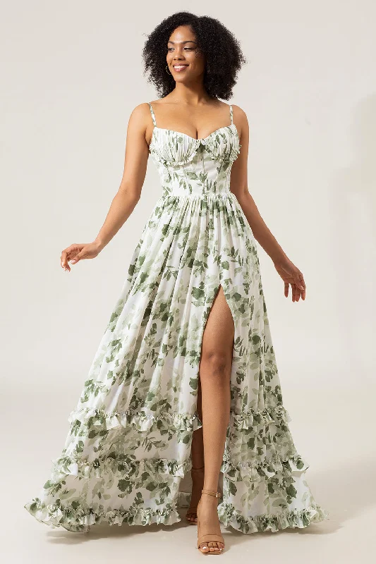 Dresses with Ruffled Sleeveless Top and Sequined Bodice and Tulle Skirt for Ladies' Dramatic and Glamorous LookA-Line Spaghetti Straps Green Printed Long Prom Dress With Slit