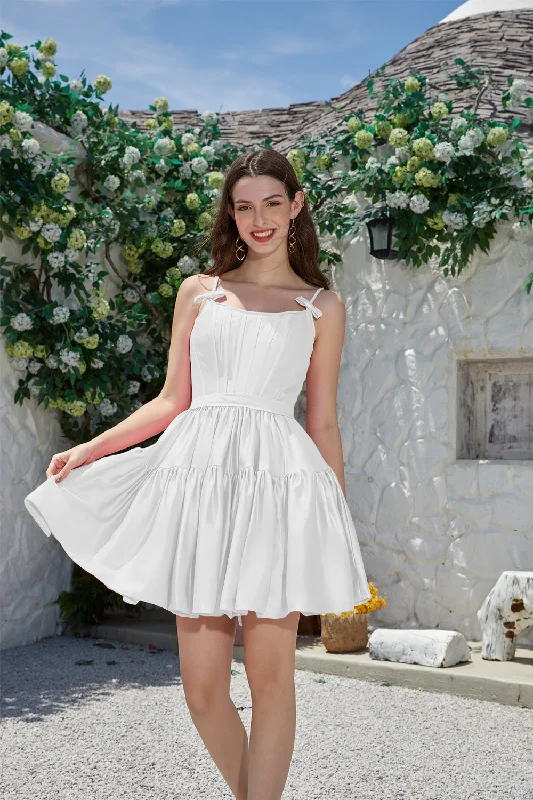 Taffeta Dresses with Pleated Bodice for Ladies' Structured LookA-Line Spaghetti Straps Cute White Short Graduation Dress