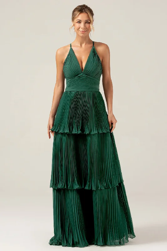 Sleeveless Dresses with Sequined Neckline for Ladies' Glamorous LookA-Line Tiered Chiffon Dark Green Long Bridesmaid Dress with Pleated