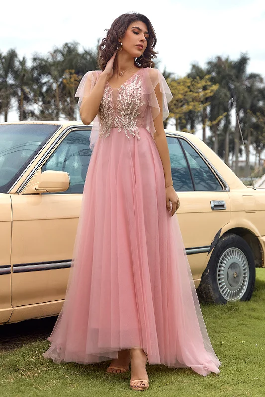 Dresses with Asymmetric Hem for Ladies' Unique StyleA Line V Neck Blush Long Prom Dress with Appliques